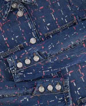 Chanel Métiers d'Art 2023 Denim Jacket with Pink and Silver Micro Sequin Details and Silver CC Logo Buttons Size FR 36 (UK 8)