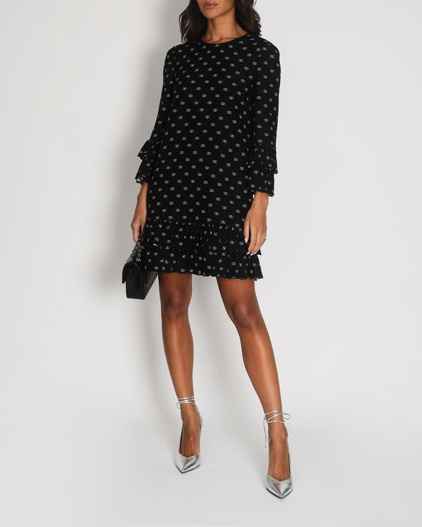Valentino Black Silk VLogo Printed Mini Dress with Ruffle Details Size IT 38 (UK 6) RRP £2,520