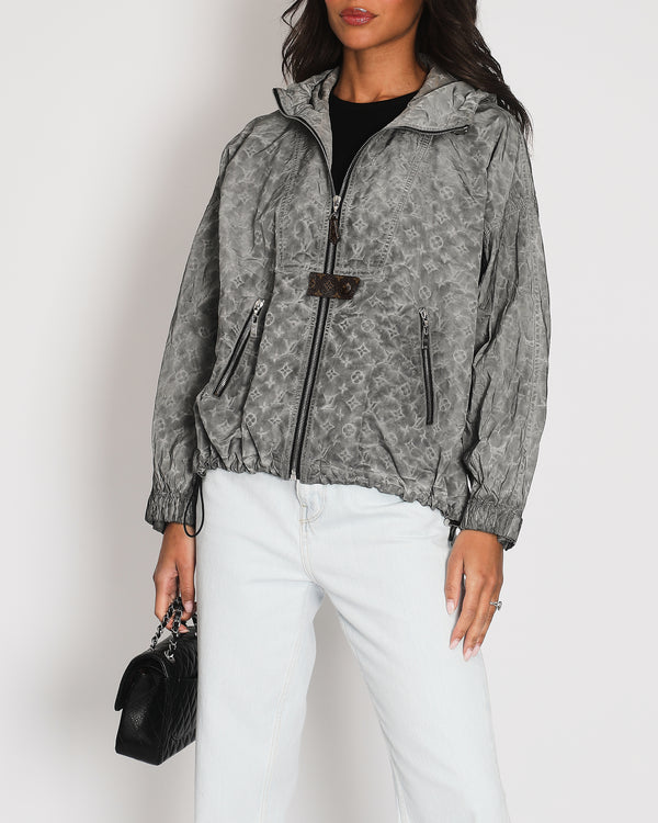 Louis Vuitton Grey Denim Effect Monogram Nylon Windbreaker Jacket with Leather Monogram Zipper Puller Size FR 32 (UK 4)