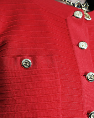 Chanel Vintage Red Ribbed Knit Long-Sleeve Cardigan with Gold CC Logo Buttons FR 38 (UK 10)