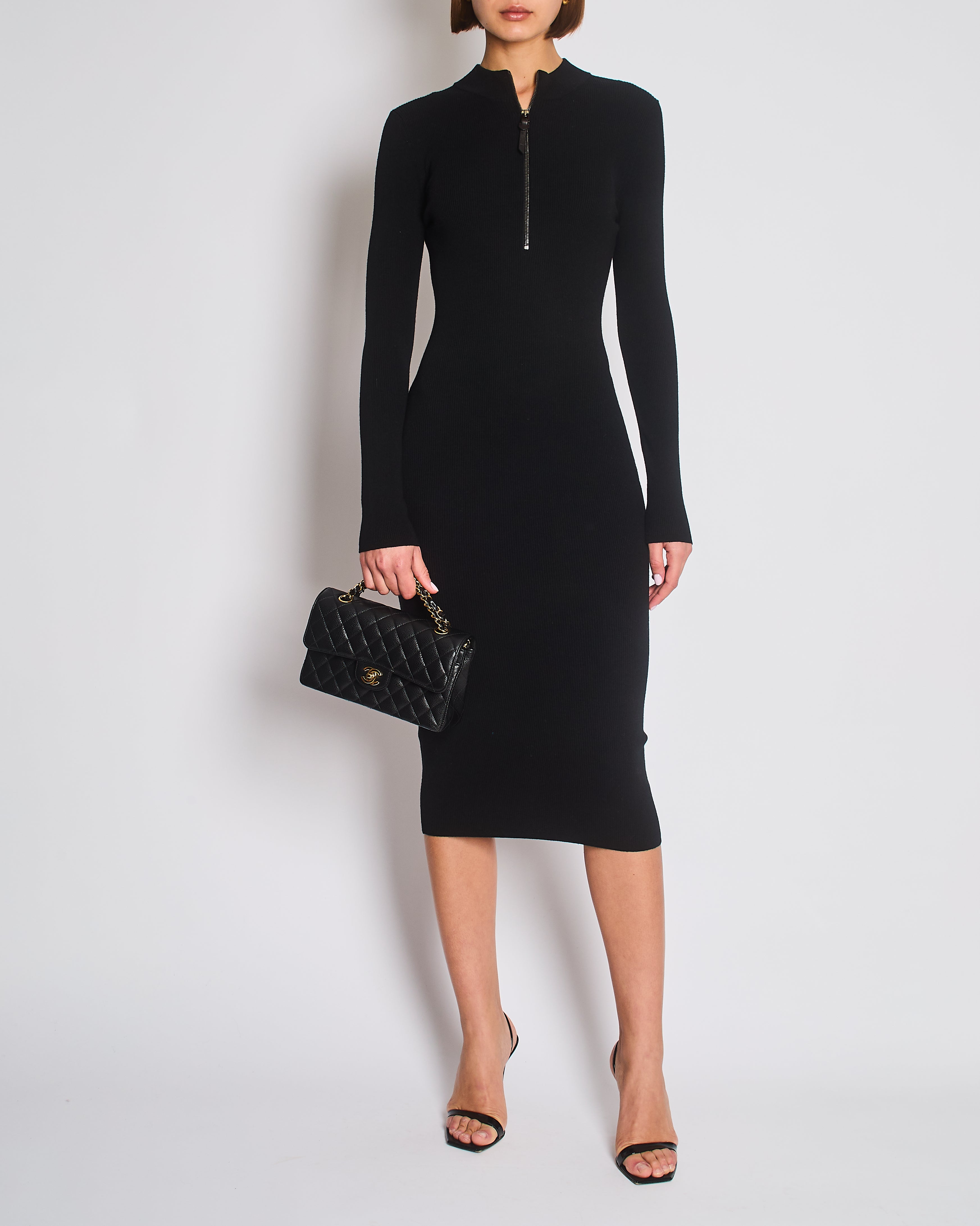 Tom Ford Black Ribbed Long Sleeve Midi Dress With Zip Detail Size