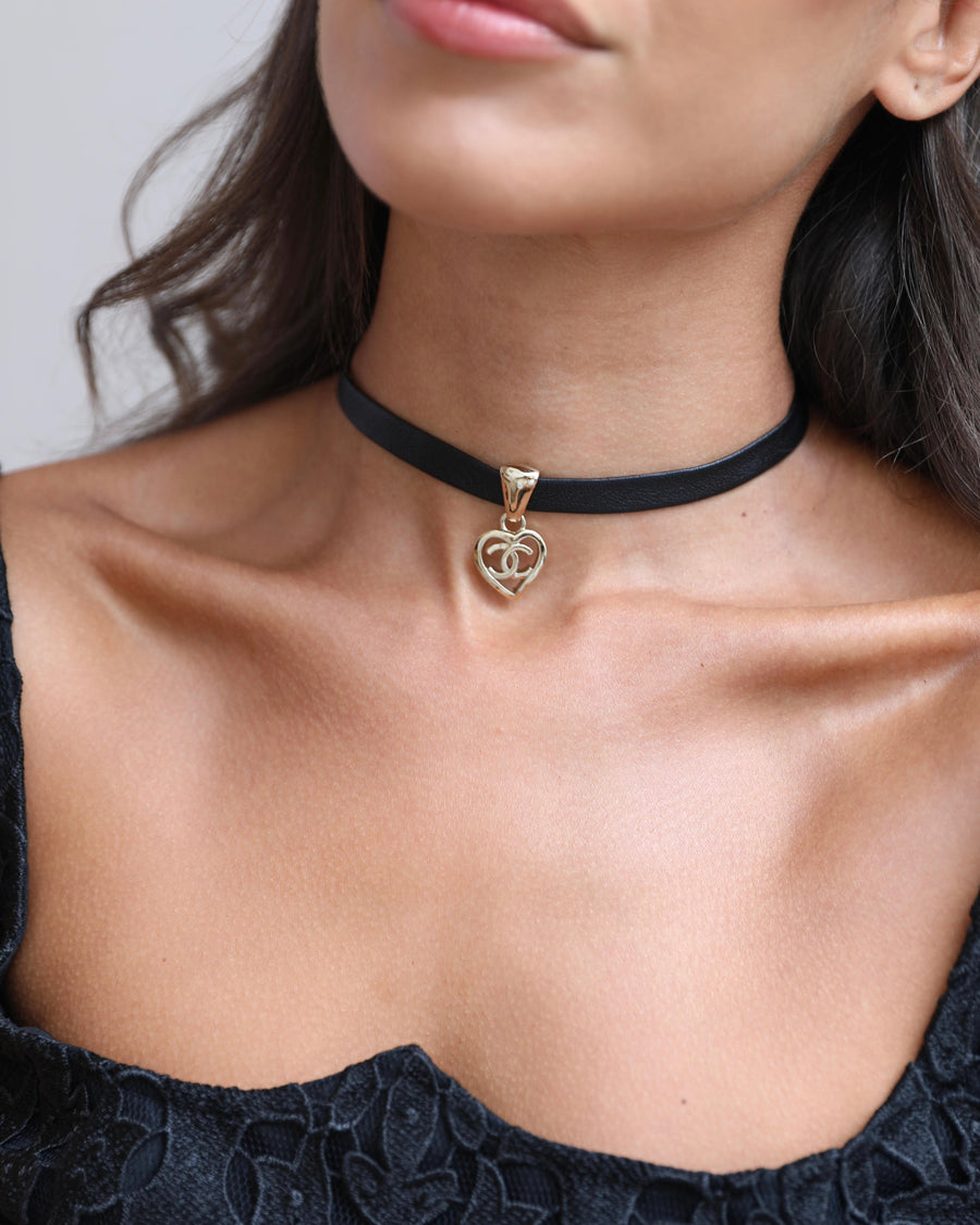 Chanel Black Leather Necklace with Champagne Gold CC Heart Pendant