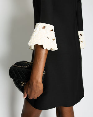 Valentino Black Mini Crepe Dress with Cream Embroidered Lace Sleeve Detail Size IT 38 (UK 6)