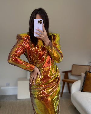 Alex Perry Orange & Yellow Sequin Midi Dress with Ruched Detail Size UK 16