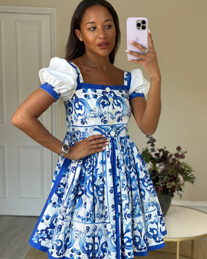 Dolce and Gabbana Blue and White Floral Mini Dress Size IT 42 (UK 10)