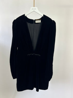 Saint Laurent Black Long Sleeve Velvet V Neck Dress with Ruched Detailing FR 40 (UK 12)