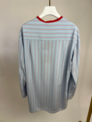 Loro Piana Blue and Red Collarless Longline Silk Shirt