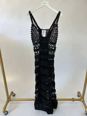 Alberta Ferretti Black Raffia Crochet Beaded Dress with Slip Size IT 38 (UK 6)