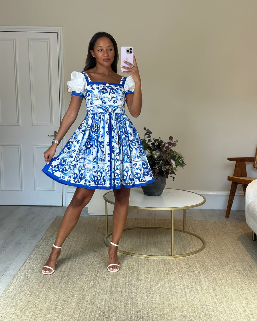 Dolce and Gabbana Blue and White Floral Mini Dress Size IT 42 (UK 10)