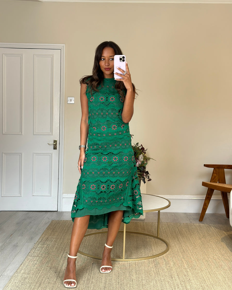 Chloé Emerald Green & Pink Crochet Midi Dress Size FR 36 (UK 8)