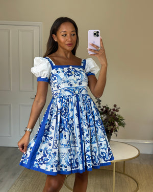 Dolce and Gabbana Blue and White Floral Mini Dress Size IT 42 (UK 10)