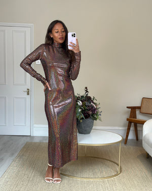 Dodo Bar Or Long-Sleeve Brown Sequin/Embellished Dress with Scrunchie Size IT 40 (UK 8)