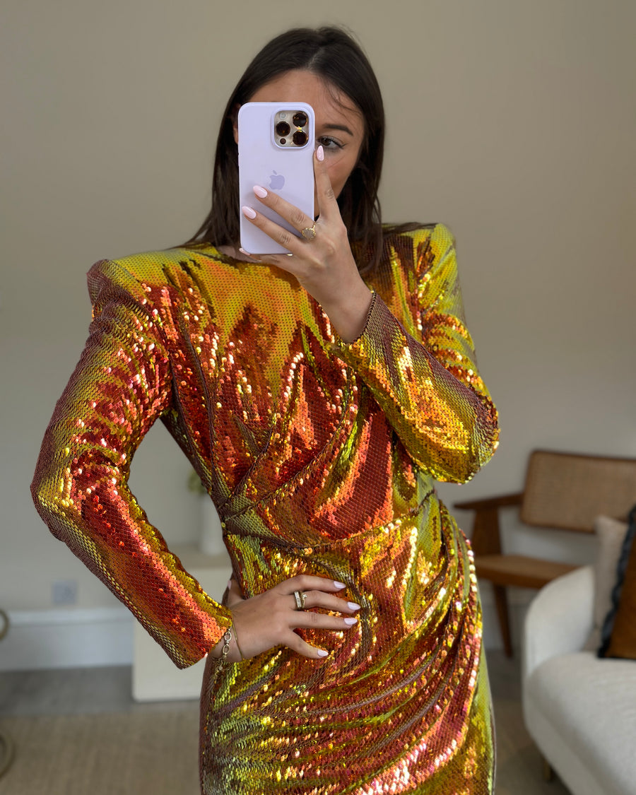 Alex Perry Orange & Yellow Sequin Midi Dress with Ruched Detail Size UK 16