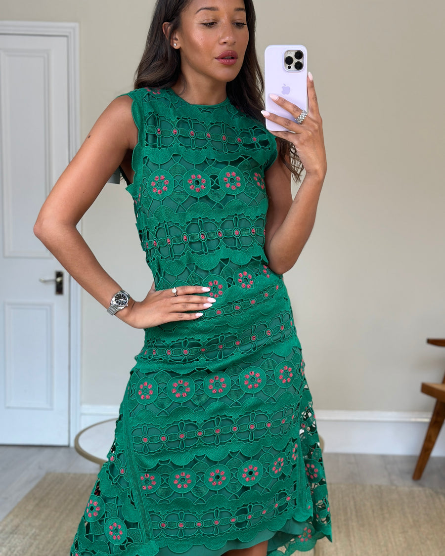 Chloé Emerald Green & Pink Crochet Midi Dress Size FR 36 (UK 8)