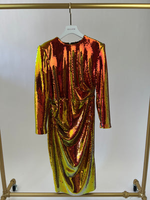 Alex Perry Orange & Yellow Sequin Midi Dress with Ruched Detail Size UK 16