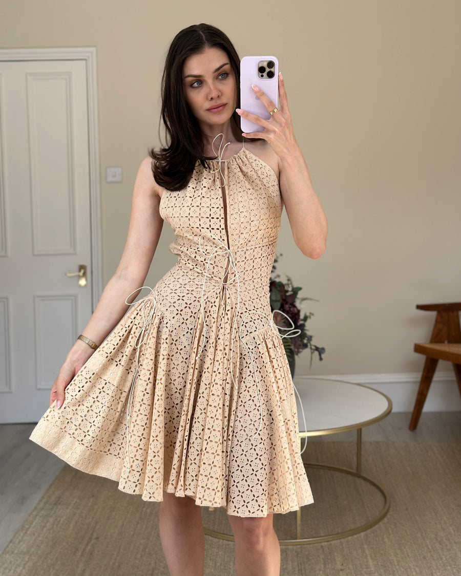 Alaïa Cream Guipure Pleated Short Dress with Draw String Details FR 36 (UK 8)