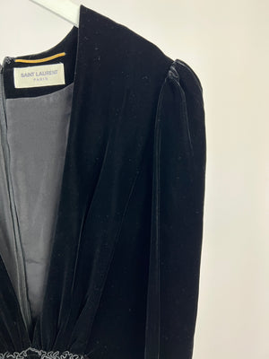 Saint Laurent Black Long Sleeve Velvet V Neck Dress with Ruched Detailing FR 40 (UK 12)