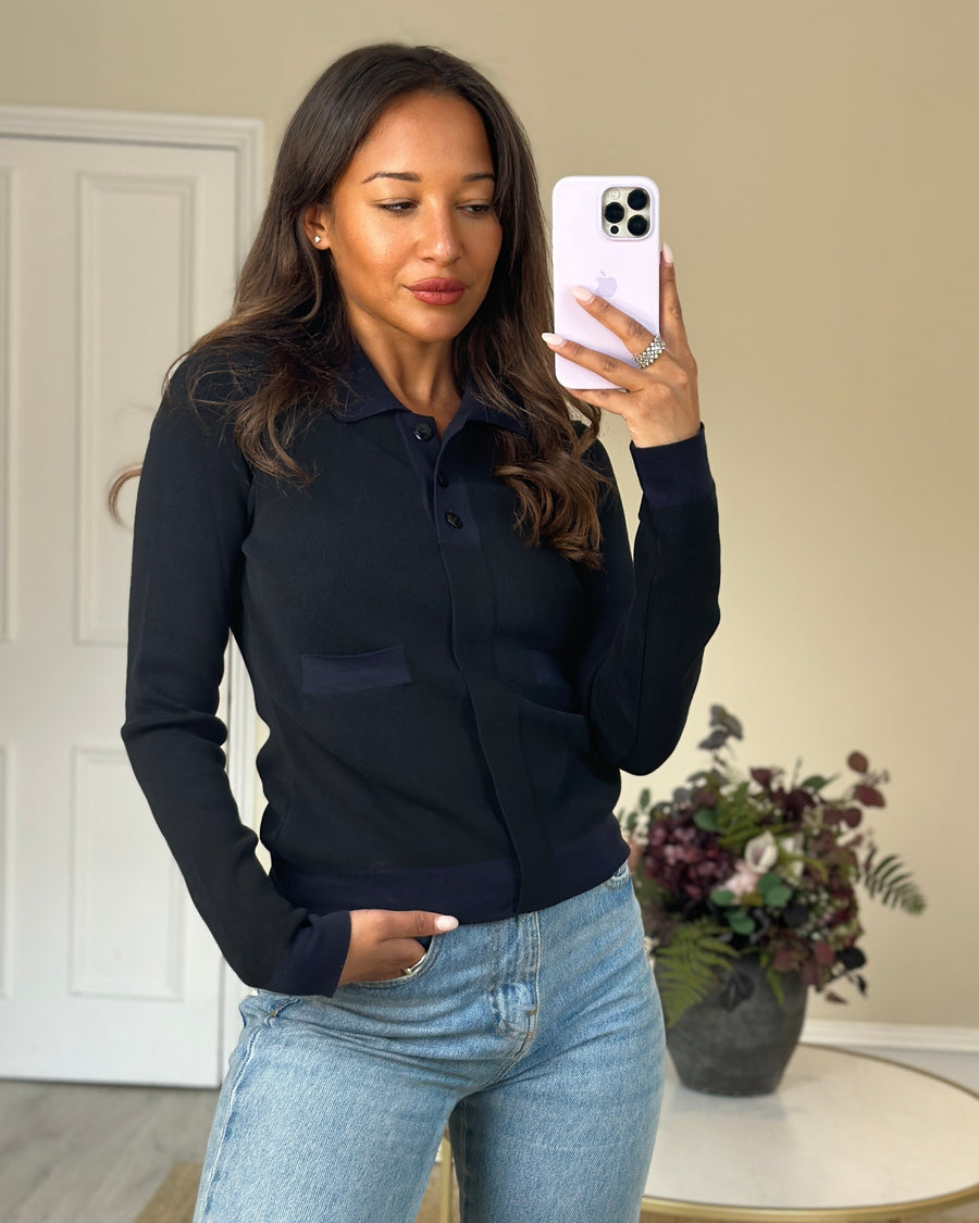 Chanel Black and Navy Long-sleeve Shirt Top with Buttons Size FR 40 (UK 12)