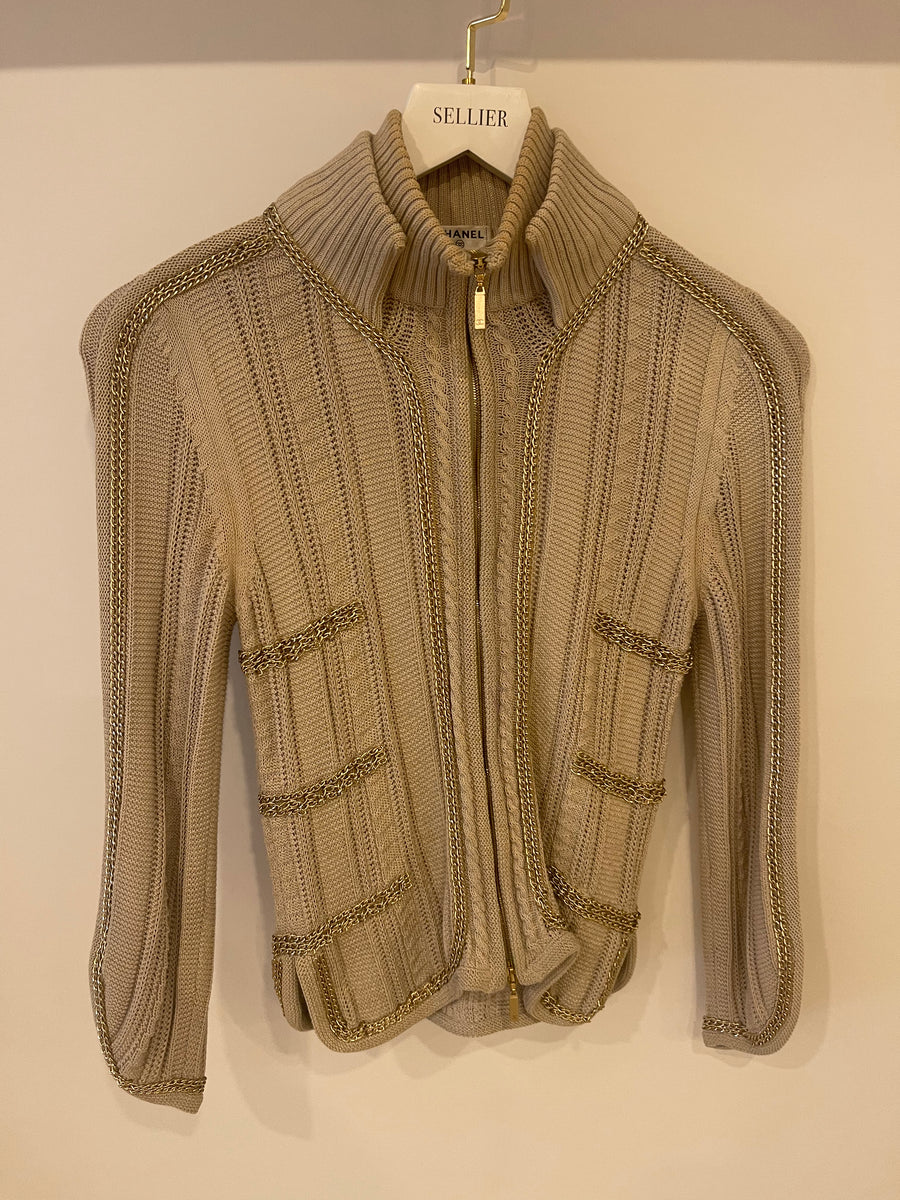 Chanel Beige Iridescent Crochet Gilet with Gold Chain Details Size FR 34 (UK 6)