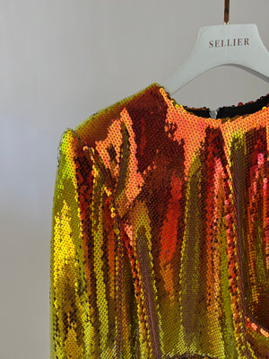 Alex Perry Orange & Yellow Sequin Midi Dress with Ruched Detail Size UK 16