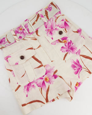 Zimmermann Cream Linen Belted Floral Shorts Size 0 (UK 6)