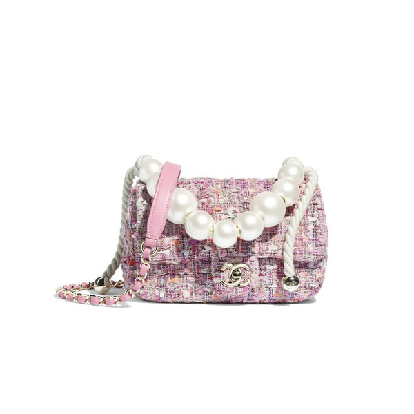 Chanel Pink Tweed Pearl Handle Flap Bag Chanel