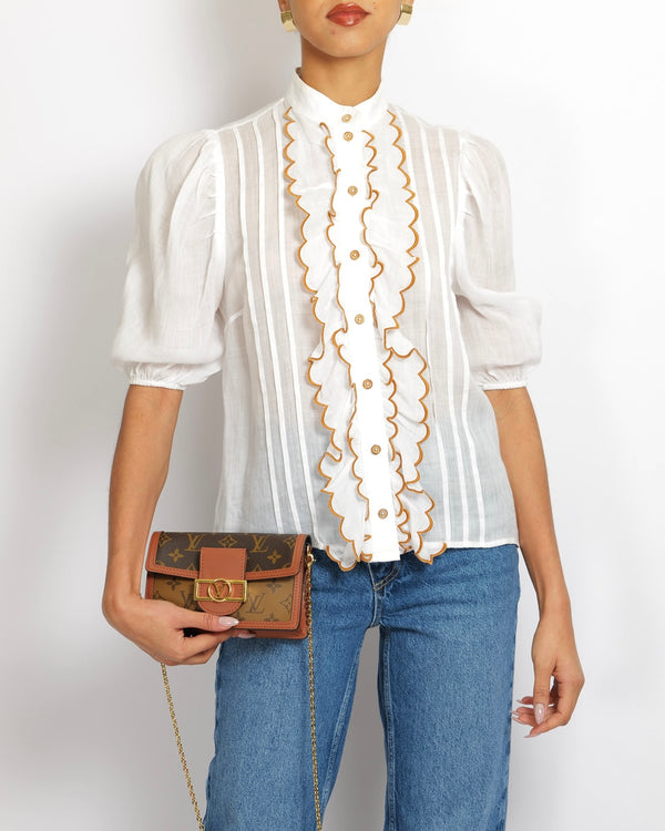 Zimmermann White Short-Sleeved Blouse with Scalloped Details and Brown Trim Size 1 (UK 10)