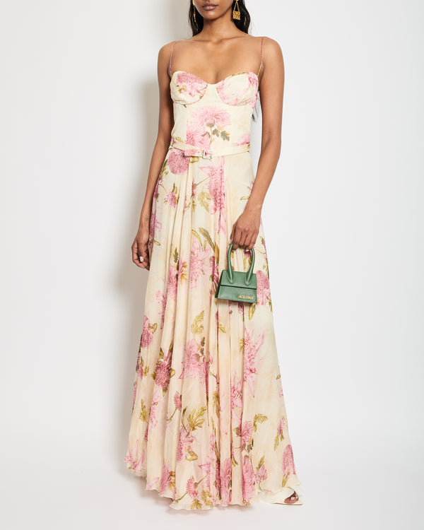 Raquel Diniz Cream and Pink Floral Silk Chiffon Belted Floral Maxi Dress Size UK 6