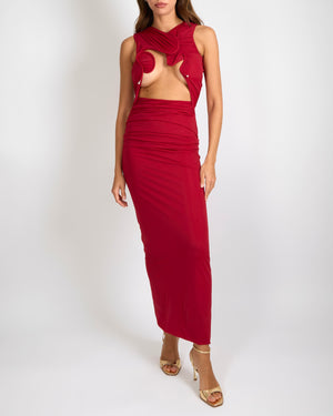 Christopher Esber Venus Tank Sleeveless Maxi Dress in Cherry with Ruched Details and Front Cut-Out Size UK 8 RRP £950