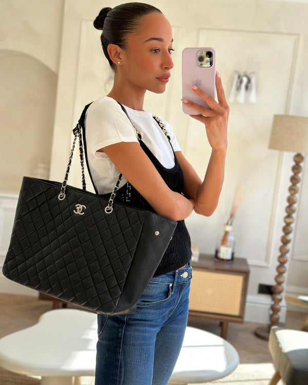 Chanel Black Shopper Tote Bag in Lambskin Leather with Silver Hardware
