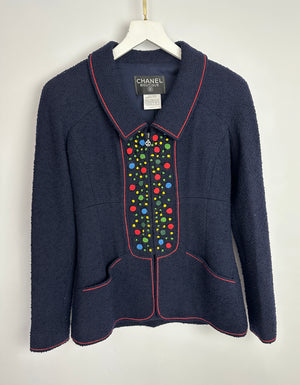 Chanel 97A Navy Wool Long Sleeve Jacket and Pencil Skirt Set with Red, Blue, Green and Yellow Neckline Applique Detail Size FR 38 (UK 10)