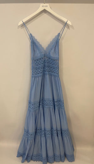 Charo Ruiz Blue Cotton Cindy Maxi Dress with Lace Detail Size S (UK 8)