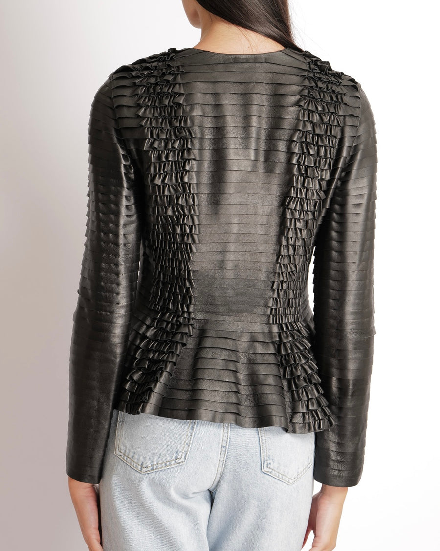 Gucci Black Leather Tiered Long-Sleeved Jacket with Ruffle Details and Gold Zipper Size IT 40 (UK 8)