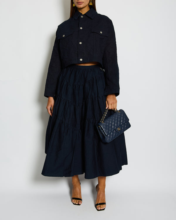 *RUNWAY* Christian Dior Navy Cropped Denim Jacket and Maxi Skirt Set with Textured Details Jacket Size FR 34 (UK 6) Skirt Size FR 40 (UK 12)