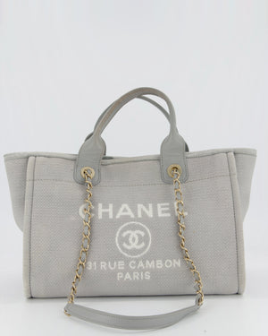 Chanel Grey Small Deauville Tote Bag in Canvas with Champagne Gold Hardware