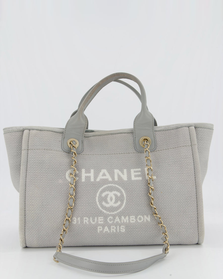 Chanel Grey Small Deauville Tote Bag in Canvas with Champagne Gold Hardware