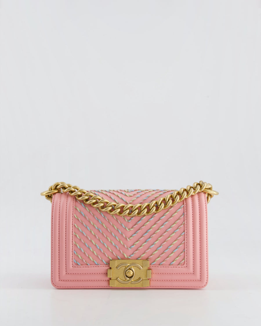 Chanel Pink Small Boy Bag in Lambskin Leather with Pastel Chevron Detail and Brushed Gold Hardware
