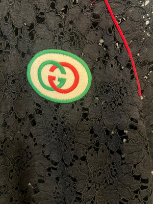 Gucci Black Lace Bomber Jacket with White, Red and Green Knitted Collar and Cuffs and GG Logo Detail Size IT 38 (UK 6)