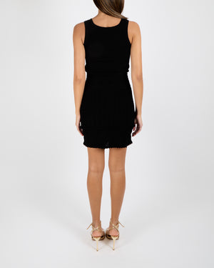 Chanel Vintage 07P Black Knit Ribbed Sleeveless Mini Dress with Pleated Skirt and Gold and Black CC Logo Button Detail Size FR 36 (UK 8)