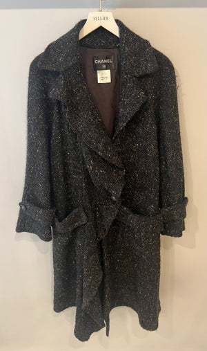 Chanel Black Wool Long Coat with Silver Lion Buttons Detail Size FR 36 (UK 8)