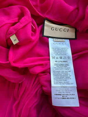 Gucci Fuchsia Silk Long Sleeve Midi Dress with V-Neck and Frill Detail Size IT 46 (UK 14)