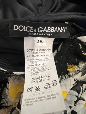 Dolce & Gabbana Black and White Daisy Printed Sleeveless Mini Dress with Rouched Bustier Top Detail and Black Lace Trims Size IT 38 (UK 6)