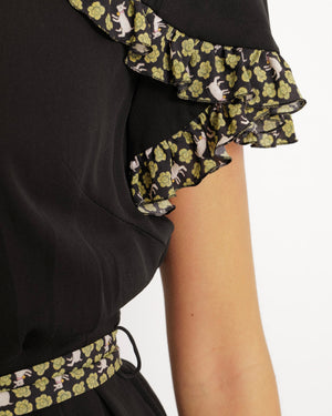 Ulyana Sergeenko Black Silk Belted Playsuit with Green Flower and Goat Print Trim Detail Size FR 36 (UK 8)