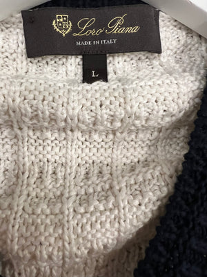 Loro Piana White Silk Knitted Jumper with NavyTrims and Monaco Arm Patch Size L (UK 12)