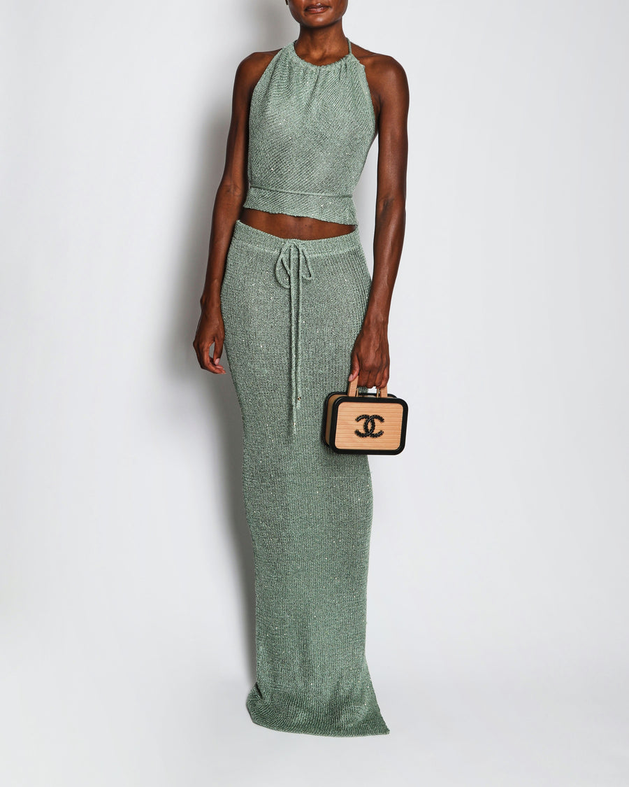 Bananahot Green Knit Crop Top and Maxi Skirt Set with Sequin Embellishments Size XS-S (UK 6-8)