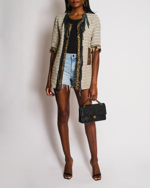Bellavitis Couture Striped Cream And Black Jacket with Gold Trim And Feather Detail Size UK 6-8