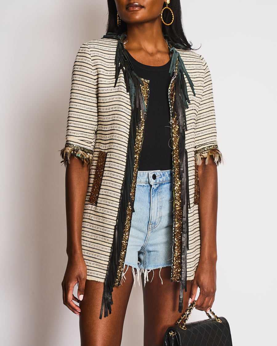 Bellavitis Couture Striped Cream And Black Jacket with Gold Trim And Feather Detail Size UK 6-8