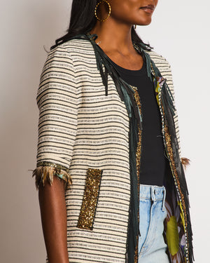 Bellavitis Couture Striped Cream And Black Jacket with Gold Trim And Feather Detail Size UK 6-8