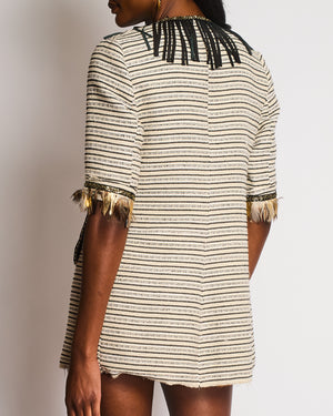 Bellavitis Couture Striped Cream And Black Jacket with Gold Trim And Feather Detail Size UK 6-8