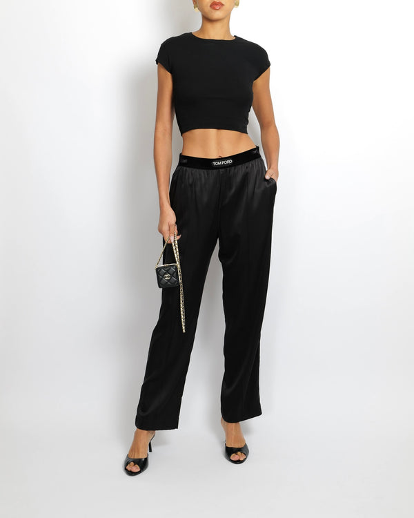 Tom Ford Black Satin Trousers with Velours Waistband and White Logo Detail Size M (UK 10) RRP £695
